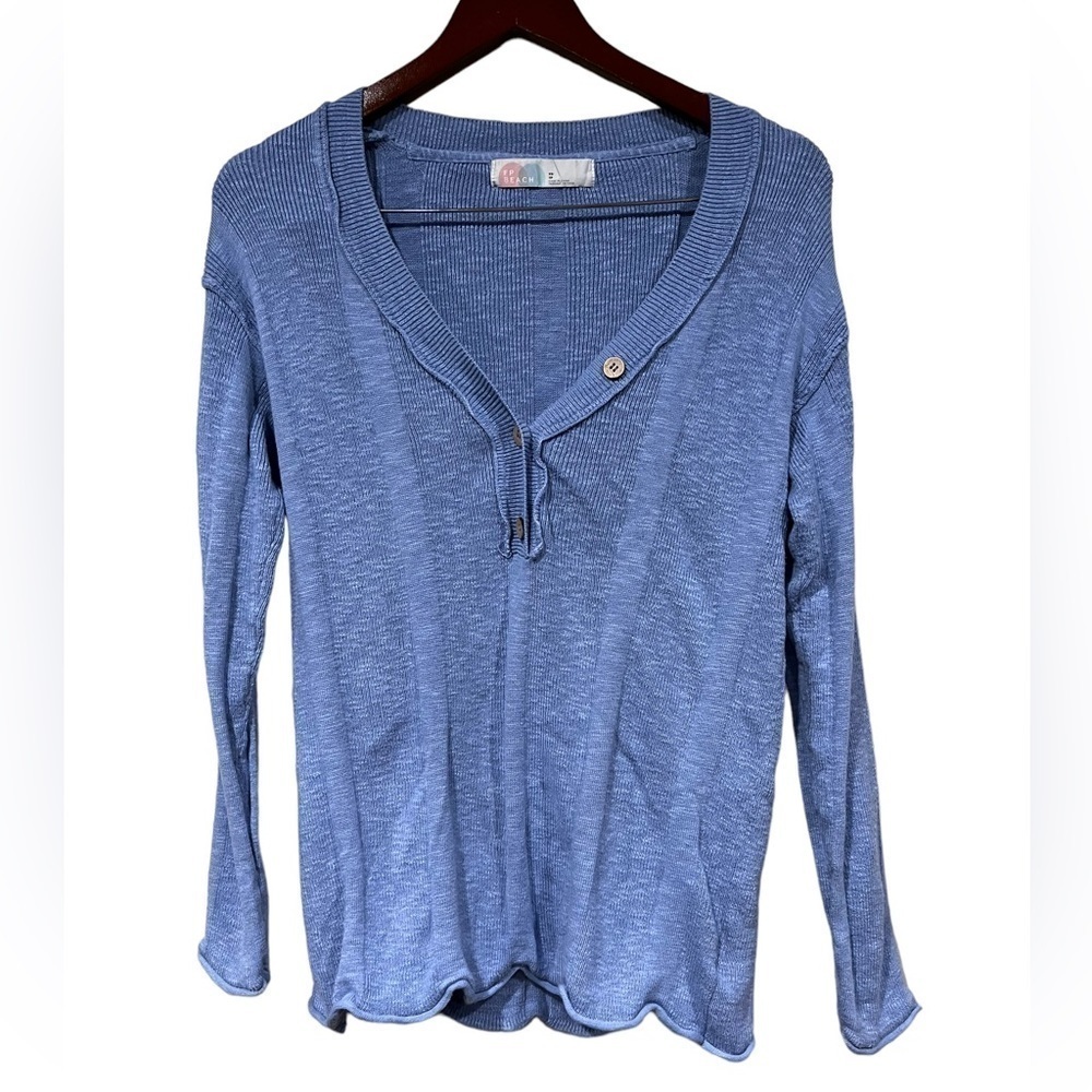 Free People Beach Henley Blue Long Sleeves Ribbed Beach Shirt Size XS